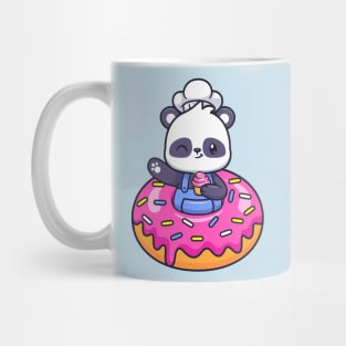 Cute Chef Panda With Donut Holding Cake Cartoon Mug